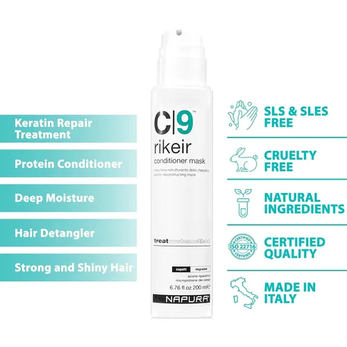 Vista 3 de NAPURA C9 - Mascarilla para el cabello seco dañado con aceite de jojoba y aguacate (6.76 onzas líquidas), sin sulfatos y parabenos, proteína sin