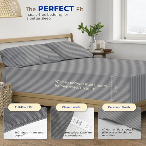 Vista 4 de THREAD SPREAD Hotel Collection - Juego de sábanas de 600 hilos de algodón egipcio, satinado, 4 piezas, Algodón, Gris oscuro - Rayas, gemelo Rayas