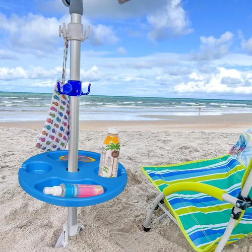 Vista 2 de AMMSUN Bandeja de mesa para sombrilla de playa de 13 pulgadas para playa, patio, jardín, piscina con portavasos y compartimentos para aperitivos