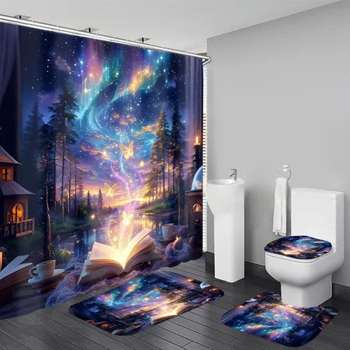 Vista 7 de Yizheer Juego de 4 cortinas de ducha de castillo de flores de libro, diseño de luna, impermeable, kit de decoración de baño