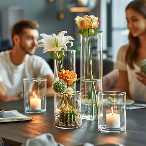Vista 3 de 5 piezas de jarrones de vidrio Cilindro Jarrones para centros de mesa Pequeños jarrones de flores de vidrio transparentes Jarrones para decoración