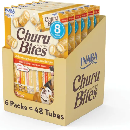 INABA Churu Bites - Golosinas para perros, suaves y masticables horneados envueltos de pollo, 0.42 onzas cada tubo, 48 tubos en total (8 tubos por