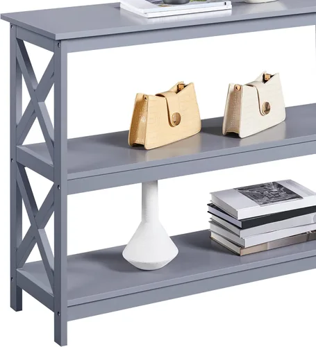 Vista 6 de Yaheetech Soportes de televisión y centros de entretenimiento con estante de almacenamiento de 3 niveles para sala de estar, gris