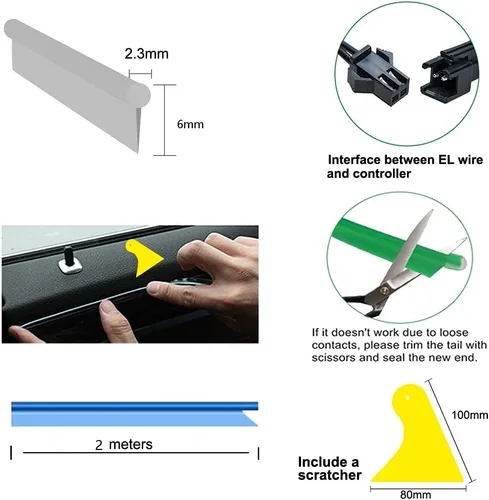 Vista 4 de Tira de luces LED de cable electroluminiscente azul para interior de automóvil, 6.5 pies de cable de neón con controlador USB de 5 voltios