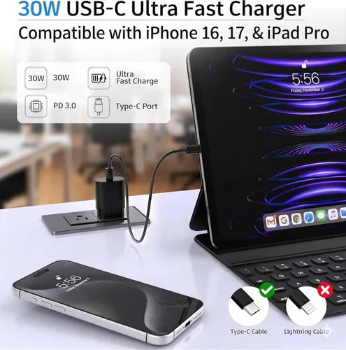 Vista 6 de Cargador USB-C de 30W de carga súper rápida, adaptador tipo C con bloque, enchufe y cable de 6 pies para iPhone 17, 17 Air, 17 Pro, 17 Pro Max