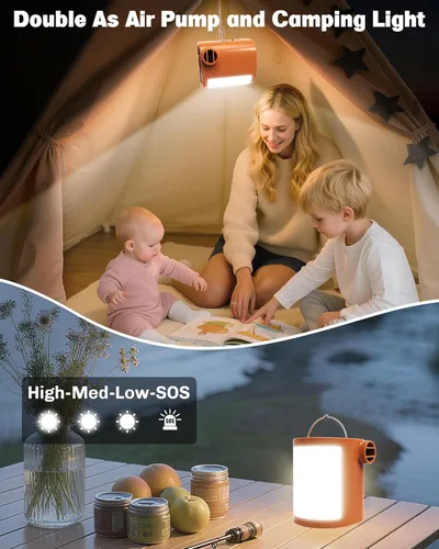 Vista 4 de Bomba de aire portátil de 3600 mAh para inflables, mini bomba de inflador eléctrica/recargable con luz de campamento de 3 modos, 6 boquillas, 400