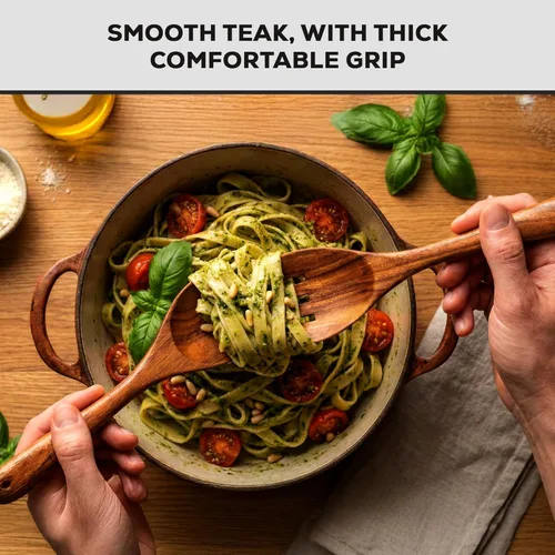 Vista 7 de Zulay Kitchen - Juego de 10 utensilios de cocina de madera de teca natural con acabado suave y cómodo agarre, juego de utensilios de cocina