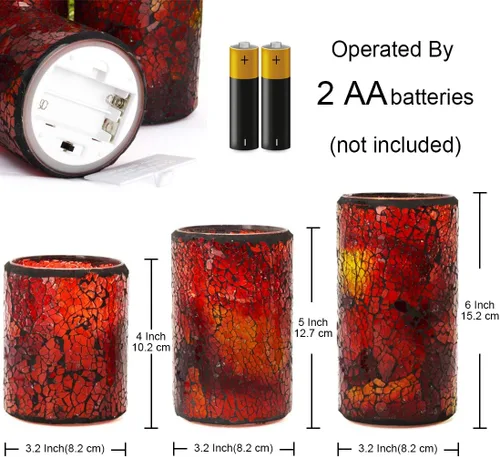 Vista 8 de TELOSMA Vela LED de mosaico sin llama, color rojo y amarillo con patrón de vidrio agrietado, vela de pilar – centros de mesa, cama, chimenea