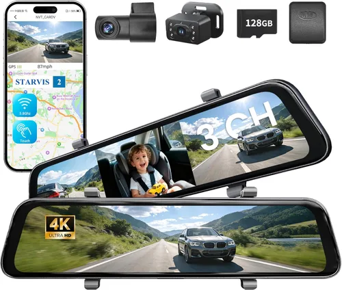 Cámara de tablero de espejo 4K de 3 canales con sensor STARVIS 2, 4K+2.5K+1080P Dash Cam frontal y trasera interior monitor de bebé para automóvil,