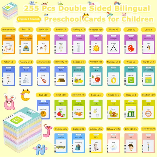 Vista 3 de SAYEEC Tarjetas didácticas bilingües para niños pequeños, juguetes Montessori con 510 palabras visuales, terapia del habla, autismo, juguetes