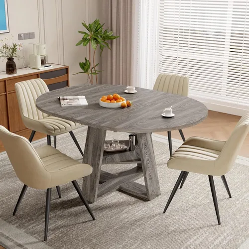 Vista 24 de Aivermel - Juego de mesa de comedor extensible redonda a ovalada para 4 a 6, mesa de cocina de madera con almacenamiento oculto y sillas tapizadas