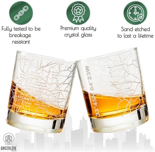 Vista 3 de Vasos tradicionales de whisky, diseño grabado de mapa de la ciudad (2 unidades), Atlanta