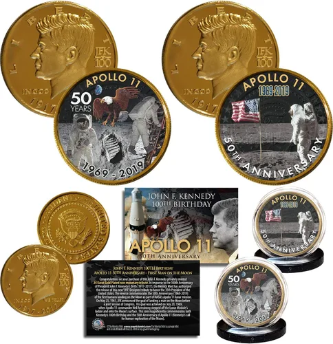 Merrick Mint Apollo 11 50 aniversario 1er hombre en la luna JFK 100 Bday 24K oro revestido 2 monedas