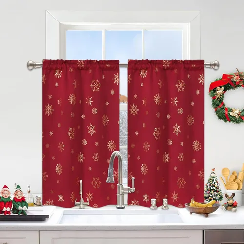 Vista 11 de FRAMICS Cortinas de Navidad de Nivel con Estampado de Copos de Nieve Dorados en Papel Aluminio - 36 Pulgadas de Largo, Cortinas Verdes con Bolsillo