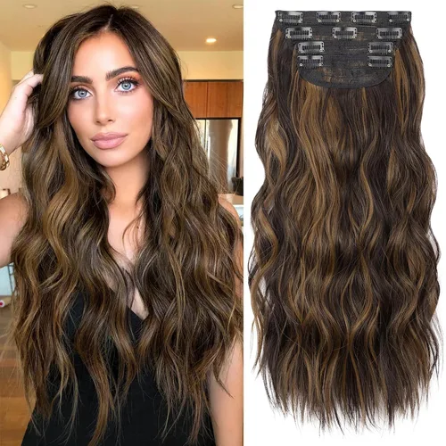 Vista 44 de KooKaStyle Extensiones de cabello sintético con pinzas, largo, ondulado, grueso, balayage, marrón chocolate a rubio caramelo, fibra 10H26