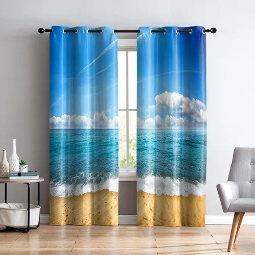 Vista 27 de Renaiss Cortinas opacas junto al mar, palmera de coco, tropical, para ventana de playa, dormitorio, cortinas de ventana con ondas oceánicas azules