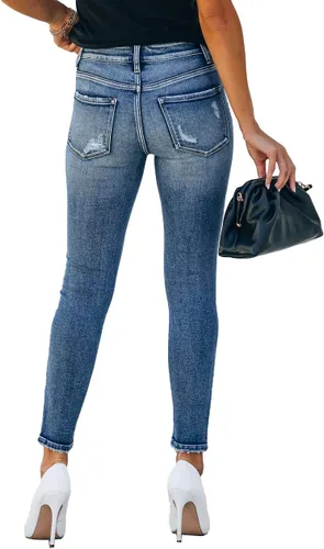 Vista 5 de Allimy Pantalones de mezclilla rasgados con botones elásticos de tiro alto para mujer
