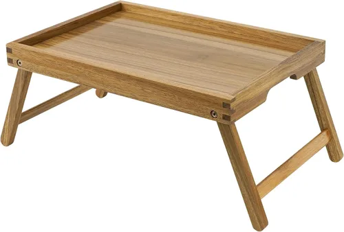 Vista 10 de VaeFae Bandeja de mesa de cama de acacia, bandeja de desayuno de madera con patas plegables, bandeja de cama para comer y computadora portátil