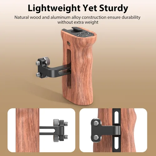 Vista 2 de Mango lateral de madera SmallRig con tornillos de 1/4"-20, carga máxima 15kg/33lbs, ajustable arriba y abajo, para mano izquierda o derecha