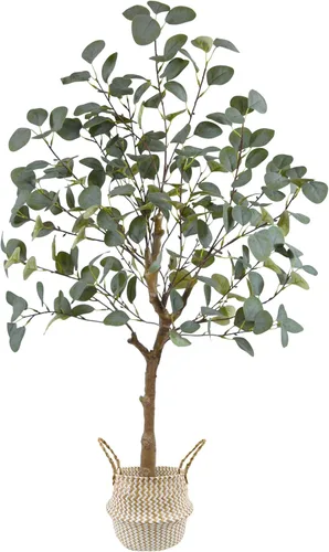 Vista 2 de Warmplants Árbol de eucalipto artificial, hojas de seda verde de 4 pies de alto, planta sintética perfecta con canasta, árboles de eucalipto falsos