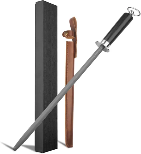 Vista 8 de afilador de cuchillos de acero, varilla de afilador de cuchillos de mango de madera, varilla de afilado de acero de 12 pulgadas (caoba)