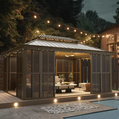 Vista 23 de EROMMY - Kiosco de techo rígido de 12 x 16 pies, kiosco de techo doble de acero galvanizado con marco de aluminio, permanente, de metal