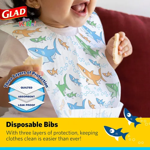 Vista 2 de Baberos desechables de papel con atrapamigas para niños de Glad con diseño de tiburón para alimentación - Absorbentes y a prueba de fugas
