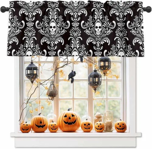 Vista 9 de Cenefa de Halloween para ventanas, cenefa de cortina con bolsillo para barra, cenefa de cortina ajustable con bolsillo para barra, cenefa de ventana