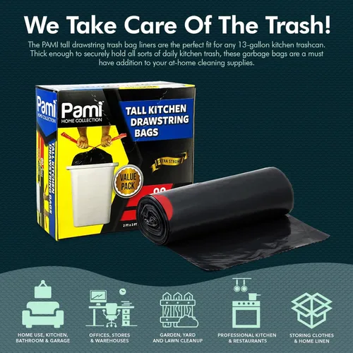 Vista 3 de PAMI Bolsas de basura altas con cordón para cocina de 13 galones [paquete de 80 unidades, negras] – Bolsas de basura de plástico extrafuertes