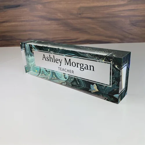 Vista 25 de Artblox - Placa de nombre personalizada para escritorio con soporte para tarjetas de presentación en cristal acrílico transparente, diseño de flores