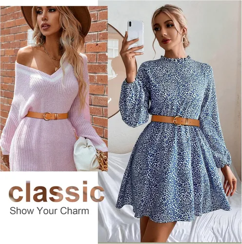 Vista 5 de VONMELLI Paquete de 3 cinturones de mujer para pantalones vaqueros, cinturón de vestir con hebilla dorada