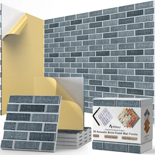 Vista 8 de Paquete de 12 paneles acústicos, paneles autoadhesivos con patrón de ladrillo 3D a prueba de sonido para paredes, paneles decorativos de pared