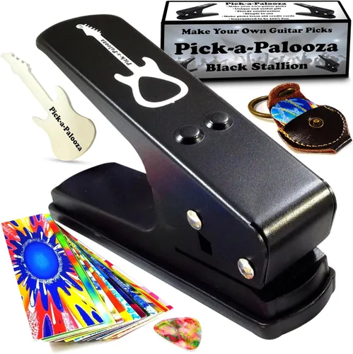 Gran kit de Pick-a-Palooza para hacer tus propias púas para guitarra, para regalo. Dispositivo prémium para fabricar púas. Cadena de cuero porta