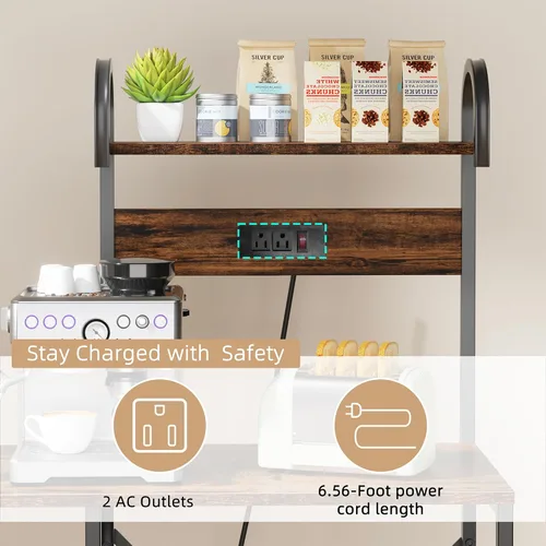 Vista 12 de JAMFLY Estante para panaderos con toma de corriente, soporte para microondas, estante de almacenamiento de cocina con 6 ganchos, estación de barra