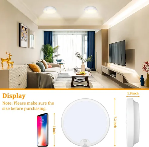 Vista 5 de Paquete de 2 luces de techo LED con sensor de movimiento operadas por batería para interiores, lámpara de montaje empotrado inalámbrica regulable