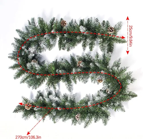 Vista 6 de Guirnalda de Navidad artificial de ratán de 8.8 pies decorada con piñas y ramas de escarcha, plantas de vid de Navidad verde, corona o manto