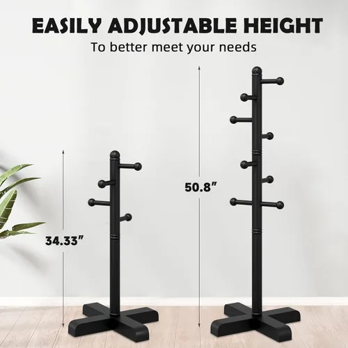 Vista 5 de Perchero independiente con 8 ganchos, 2 alturas ajustables, perchero de árbol para dormitorio, pasillo, entrada, oficina, sombreros, bolsos, bolso