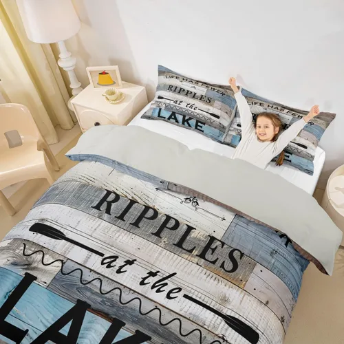 Vista 3 de Funda de edredón con temática de lago, tamaño Queen, funda de edredón rústica con 2 fundas de almohada para adolescentes y adultos, juego de ropa