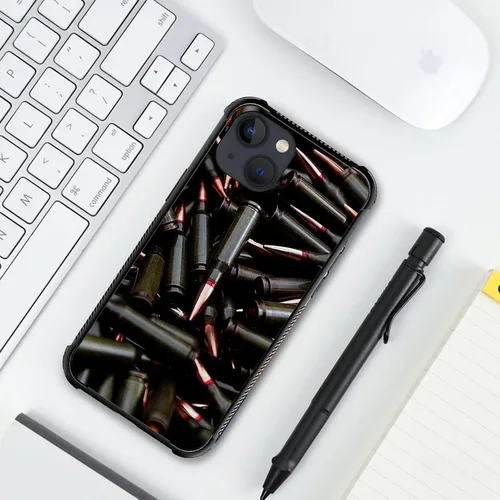 Vista 5 de ZHEGAILIAN Funda compatible con iPhone 15, AK 47, carcasa de munición para ametralladora, parte trasera de vidrio templado+funda protectora