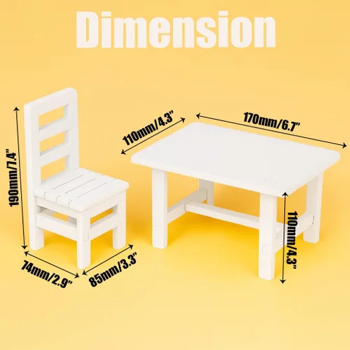 Vista 3 de Juego de muebles de casa de muñecas de madera a escala 1/6, se adapta a muñecas de 12 pulgadas, mesa cuadrada blanca en miniatura y 2 sillas