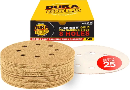 Dura-Gold Discos de papel de lija premium de grano 40 de 5 pulgadas, patrón de 8 agujeros sin polvo, 25 discos - respaldo de gancho y bucle para