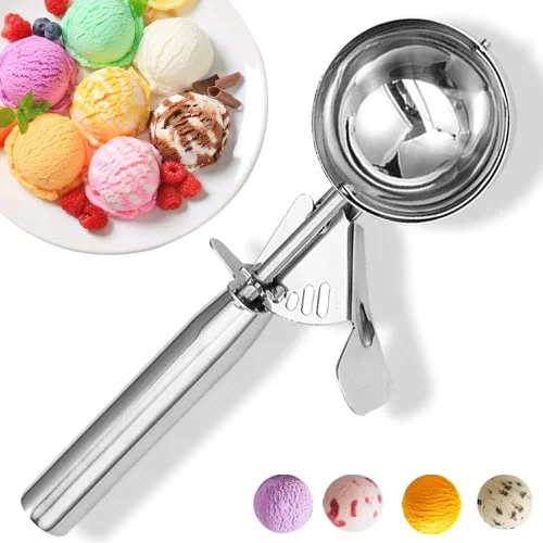 Vista 2 de Cuchara de helado con gatillo, cuchara para galletas, cuchara de helado de acero inoxidable, melón con gatillo, cuchara para galletas, cuchara