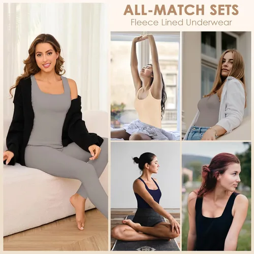 Vista 5 de Conjuntos de ropa interior térmica para mujer, pantalones largos de forro polar, capa base térmica, para clima frío, conjunto de camiseta e inferior