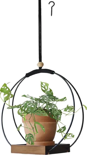 Vista 9 de Colgador de plantas con base de madera, soporte de macramé bohemio para plantas de interior, maceta colgante para decoración de pared, ventana, Negro