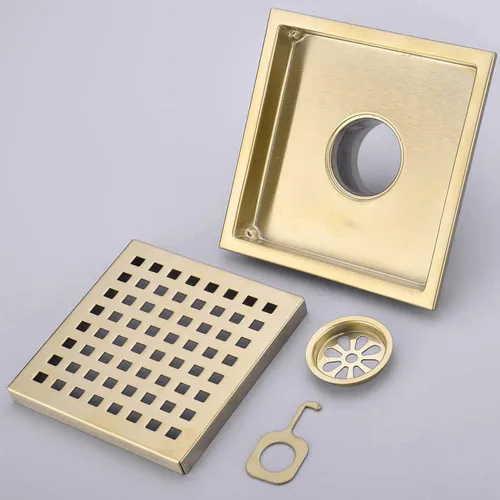 Vista 4 de TRUSTMI Desagüe cuadrado de 6 pulgadas con cubierta de rejilla extraíble, acero inoxidable SUS 304, oro cepillado