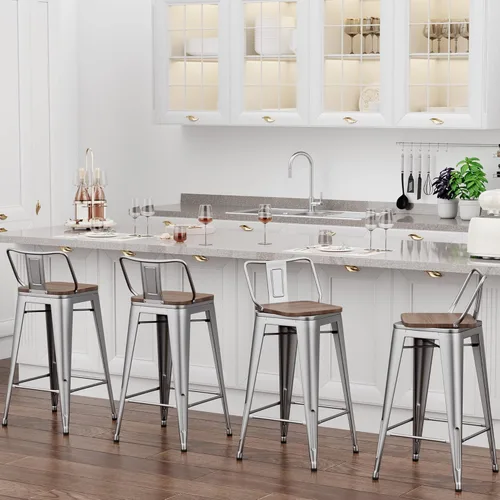 Vista 16 de Juego de 4 taburetes de bar giratorios de 26 pulgadas con respaldo, altura de mostrador, taburetes de bar industriales de metal para el hogar