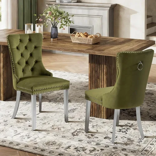 Vista 133 de Juego de 2 sillas de comedor de terciopelo con patas de madera, color beige