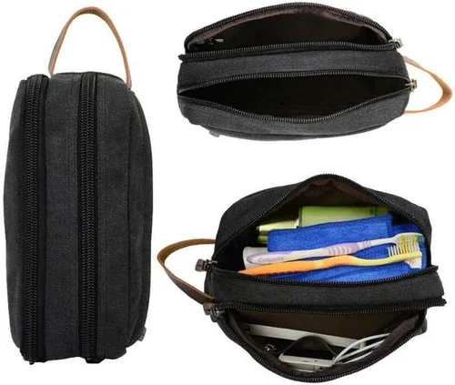 Vista 8 de Tumecos Neceser de cuero encerado para hombre, kit de afeitado, accesorios de viaje, bolsa organizadora