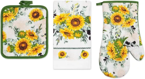 Vista 13 de Juego de 3 piezas de ropa de cocina con estampado de Apple Orchard, 1 toalla de algodón, 1 agarradera, 1 guante de horno con lazo para colgar