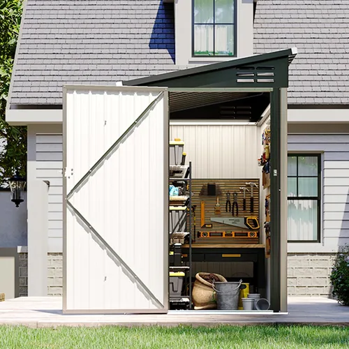 Vista 31 de Cobertizo de almacenamiento de metal negro de 10 x 10 pies, cobertizo de herramientas duradero para exteriores con construcción de acero resistente